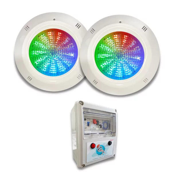 Pack 2 spots de piscine à LED RGB 4 fils 18W 12V DC Basic Range montés en surface avec panneau électrique compact - 1