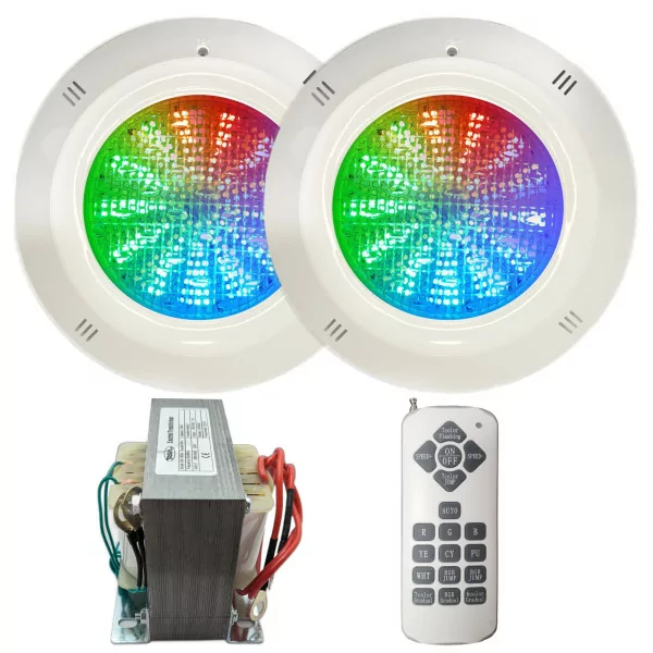 Pack 2 spots LED RGB ON/OFF 18W 12V AC Gamme de base pour piscine avec transformateur et télécommande - 1