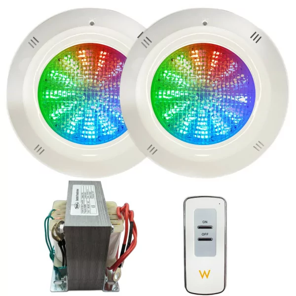 Lot de 2 projecteurs de base LED RGB ON/OFF 35W 12V AC/DC pour piscine avec transformateur et télécommande - 1