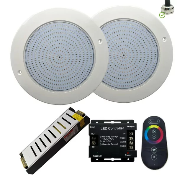 2 Projectores LED para piscina RGB 4 fios 23CM ø 35W + Transformador + Controlador