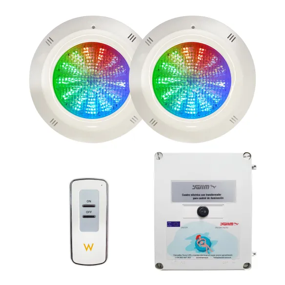 Pack Ahorro: 2 Focos LED RGB 35W ABS para Piscina + Transformador + Control Remoto Pack Ahorro: 2 Focos LED RGB 35W ABS para Piscina + Transformador + Control Remoto