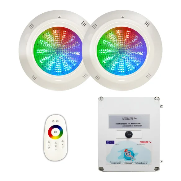 Pack Poupança 2 projectores LED RGB 4 fios + Controlo remoto + Transformador