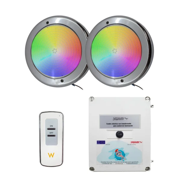 copy of Pack 2 Focos LED Ø15cm RGB 10W de Acero Inoxidable + Controlador ON/OFF + Transformador 100W 12AC