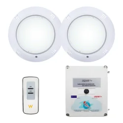 2 spots LED blancs avec transformateur et télécommande pour piscine