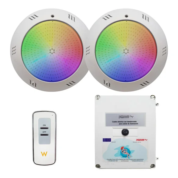 2 projectores LED brancos com transformador e controlo remoto para piscina