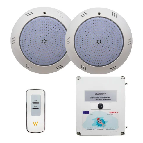 2 projectores LED brancos com transformador e controlo remoto para piscina