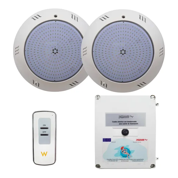2 spots LED blancs avec transformateur et télécommande pour piscine