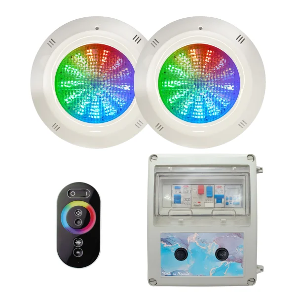 Pack 2 Focos LED RGB 4 hilos 18W 12V DC con Cuadro Eléctrico|Swimhome