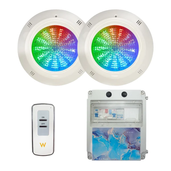 Pack 2 Focos LED RGB ON/OFF 35W 12V AC con Cuadro Eléctrico|Swimhome