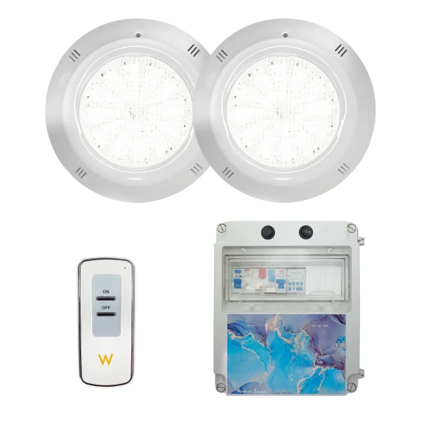 Pack 2 spots à LED blanches 35W 12V AC/DC montés en surface Gamme de base pour piscine avec panneau électrique
