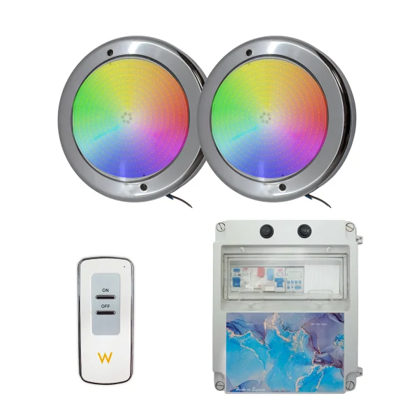 Pack 2 Focos LED RGB ON/OFF 35W 12V AC en Acero Inoxidable con Cuadro Eléctrico|Swimhome