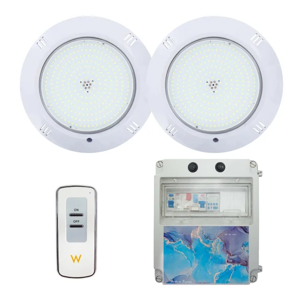 Pack 2 Focos LED Blanco Cálido 3000k ON/OFF 35W 12V AC con Cuadro Eléctrico|Swimhome
