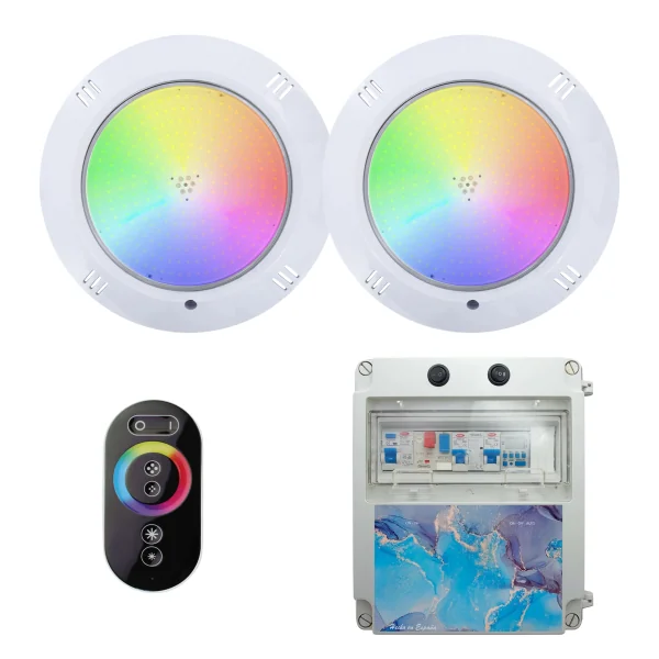 copy of Pack 2 LED RGB 4 fils 18W 12V DC Projecteurs de piscine montés en surface avec panneau électrique