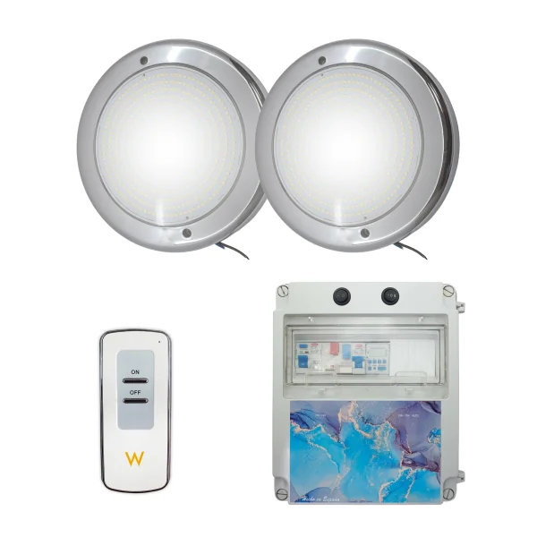 Pack 2 Focos LED Blanco Frío ON/OFF 35W 12V AC en Acero Inoxidable con Cuadro Eléctrico|Swimhome