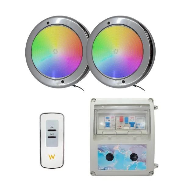 copy of Pack 2 LED RGB ON/OFF 35W 12V AC Projectores de Piscina de Montagem à Superfície com Painel Elétrico