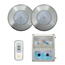 Pack 2 Focos LED RGB ON/OFF Acero 10W 12V AC con Cuadro Eléctrico