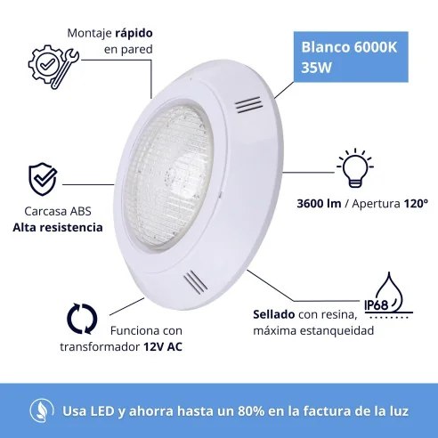 Foco LED para Piscina 35W | Instalación en superficie | Con Cruceta