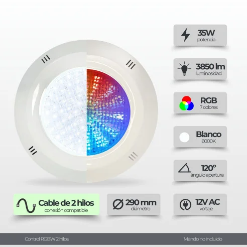 Projecteur de piscine LED 35W | RGB 7 couleurs et blanc | Avec traverse