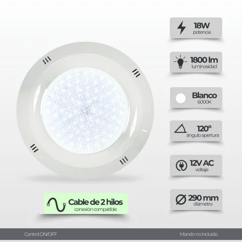 Foco LED Piscina Superficie 18W 6000K | Ø29 cm | 12V AC