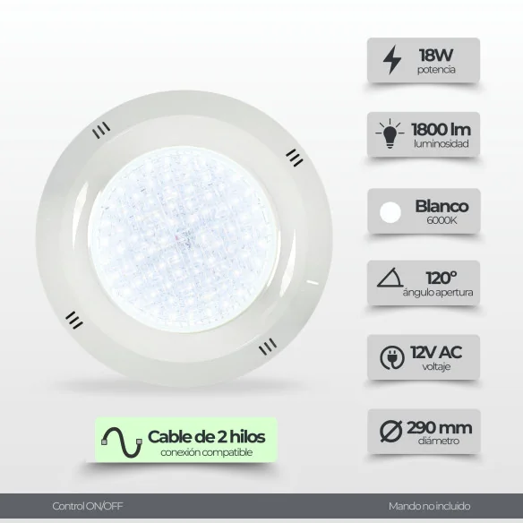 Foco LED Piscina Superficie 18W 6000K | Ø29 cm | 12V AC