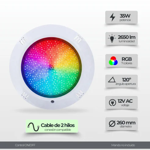 Foco LED piscina RGB ON/OFF 12V AC de superficie (Ø26, 35W)