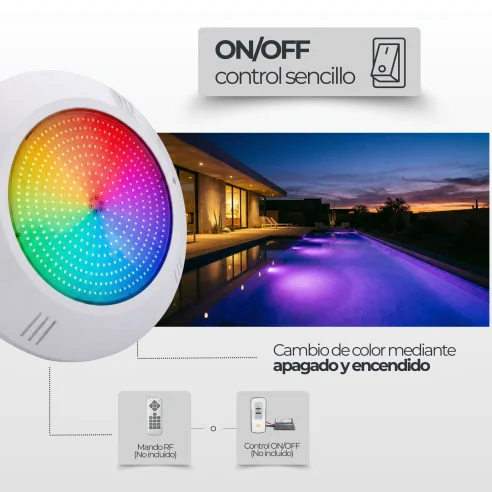 Foco LED piscina RGB ON/OFF 12V AC de superficie (Ø26, 35W)