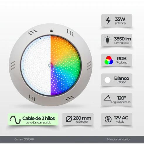 Foco LED Piscina Superficie | 35W 12V AC | Blanco + RGB ON/OFF | Gama Ecolume 28