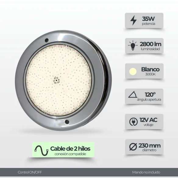 Projetor LED para piscina Ø23 cm 12V AC - Aço inoxidável 316, 35 W, 3450 lm :: Projetor LED para piscina Ø23 cm 12V AC - Aço ino