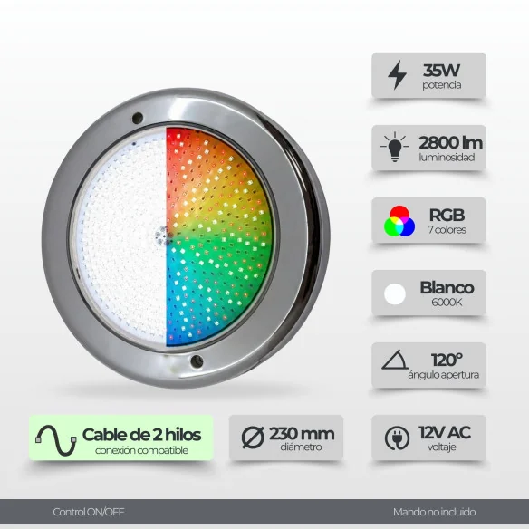 Foco LED Piscina Superficie | 35W 12V AC | Blanco + RGB ON/OFF | Gama Premium Inox