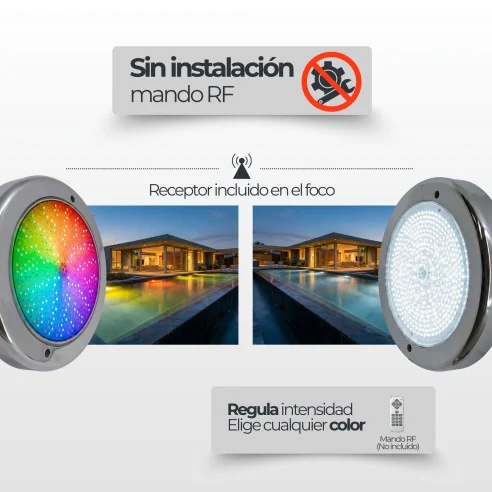 Foco LED Piscina Superficie | 35W 12V AC | Blanco + RGB ON/OFF | Gama Premium Inox
