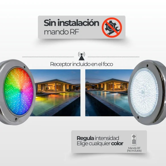 Foco LED Piscina Superficie | 35W 12V AC | Blanco + RGB ON/OFF | Gama Premium Inox
