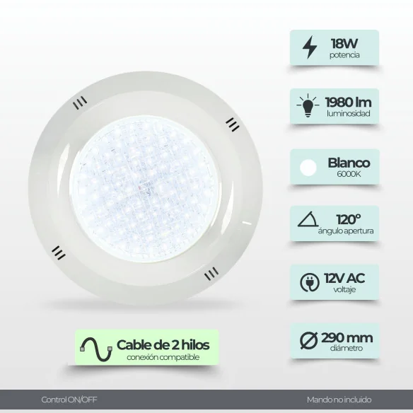 Foco LED Piscina Superficie 18W 6000K | Ø29 cm | 12V AC
