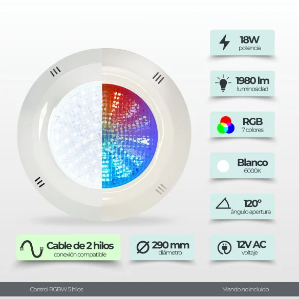 Foco LED Piscina Superficie 18W Blanco + RGB 12V | Cruceta
