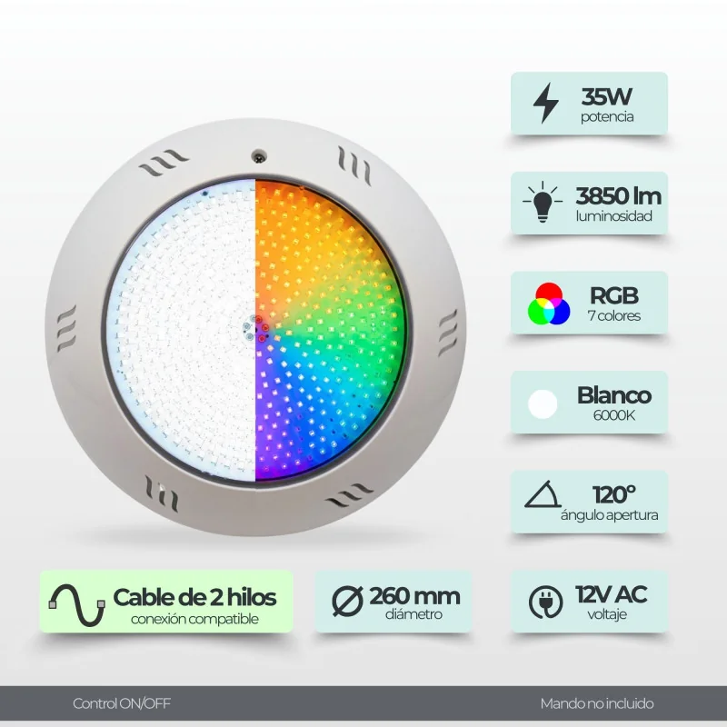 Foco LED Piscina Superficie | 35W 12V AC | Blanco + RGB ON/OFF | Gama Basic