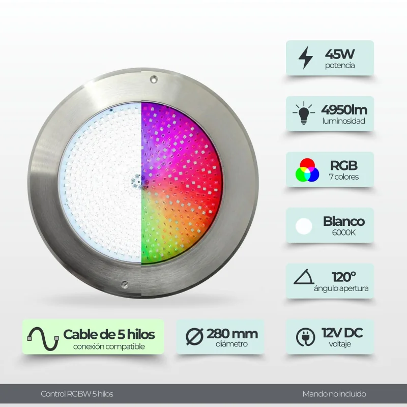 Foco LED RGBW Plano 45W Acero AISI316 | Piscinas con Control WiFi