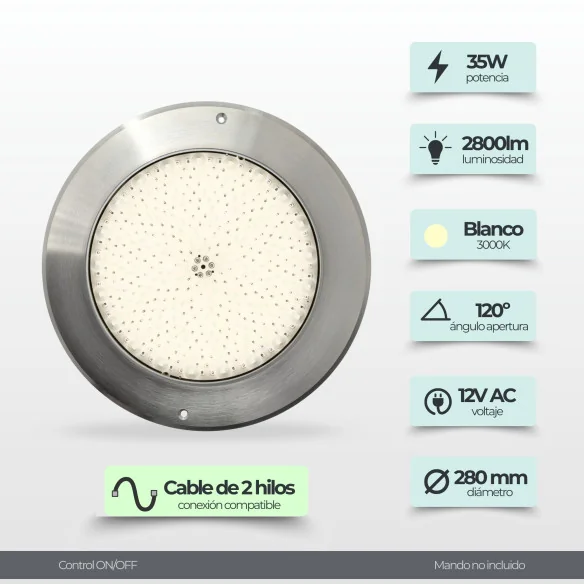 Foco LED Piscina Ø28 cm ultrafino 12V AC – Inox, 35W | Swimhome