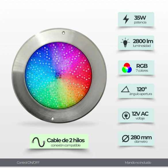 Foco LED RGB ON/OFF Acero Inoxidable | 28CM Diámetro 35W