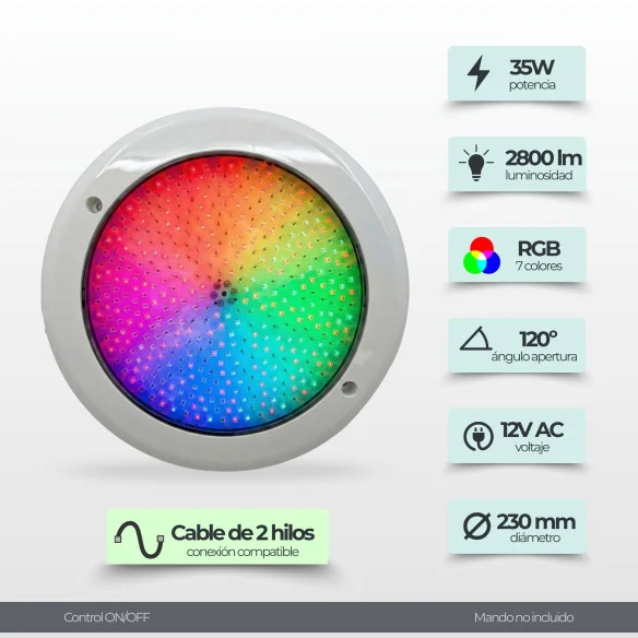 Foco LED de Superfície RGB 35W 12V AC para Piscina - Gama Premium