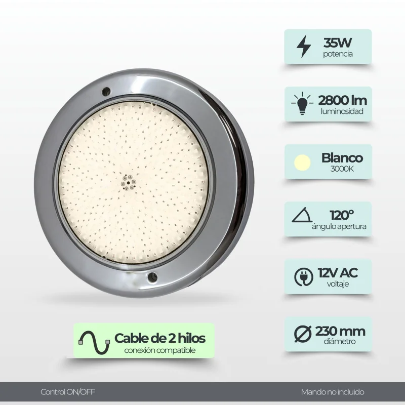 LED pool spotlight Ø23 cm 12V AC - 316 stainless steel, 35 W, 3450 lm :: LED pool spotlight Ø23 cm 12V AC - 316 stainless steel,