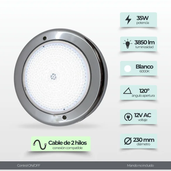 Foco LED piscina Ø23 cm 12V AC – Acero inox 316, 35 W, 3450 lm | Swimhome
