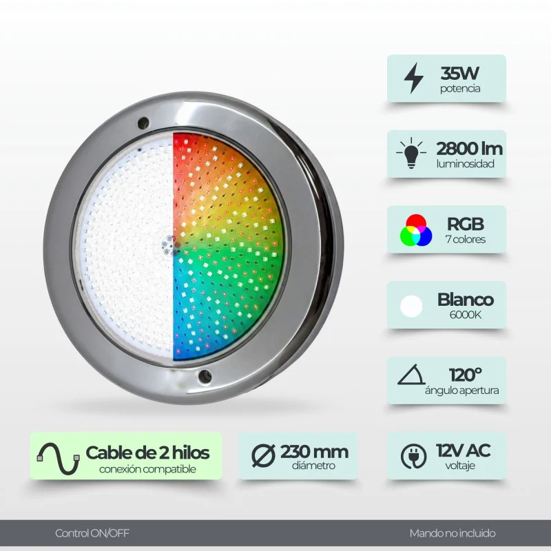 Foco LED Piscina Superficie | 35W 12V AC | Blanco + RGB ON/OFF | Gama Premium Inox