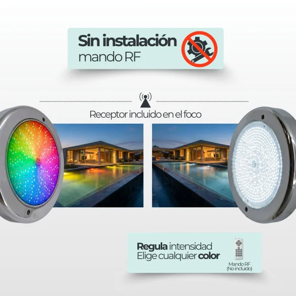 Foco LED Piscina Superficie | 35W 12V AC | Blanco + RGB ON/OFF | Gama Premium Inox