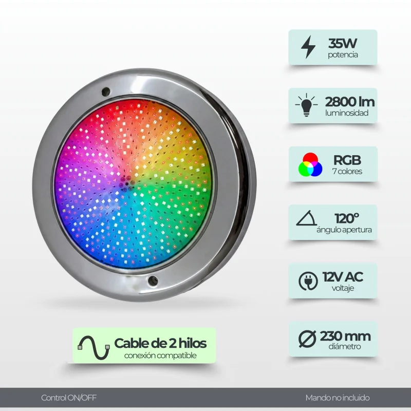 Foco LED RGB de Aço Inoxidável para Piscina - Montagem à Superfície