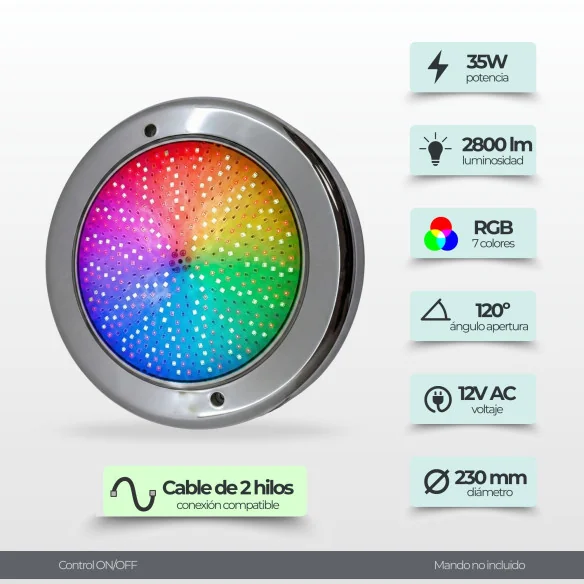 Foco LED RGB de Aço Inoxidável para Piscina - Montagem à Superfície