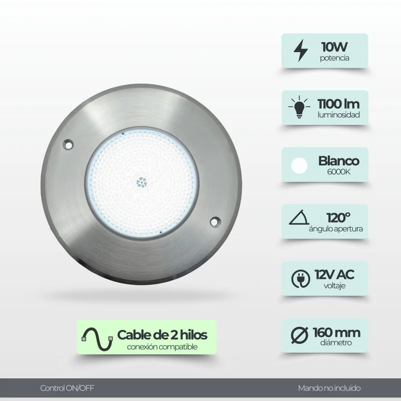 Foco LED Blanco Frío Acero Inoxidable | 16CM Diametro 10W