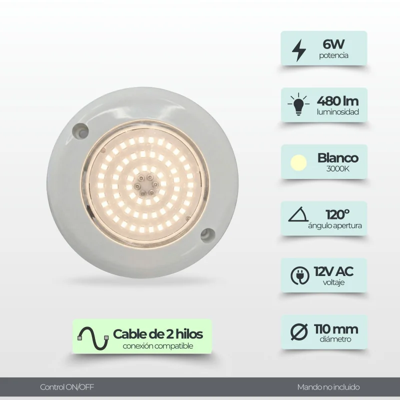 Projetor LED Piscina Superfície 6W 12V AC Branco Quente 3000K