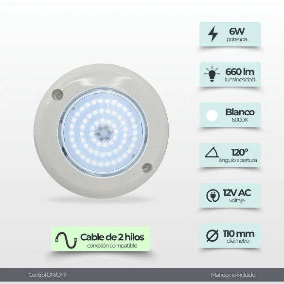 Projecteur LED Piscine Saillie 11cm 6W Blanc Froid 6000K