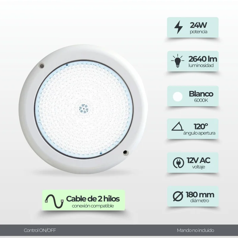 Projecteur LED Piscine Blanc Froid ABS | 18cm Diamètre 24W