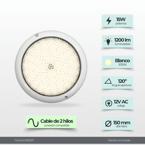 Foco LED piscina blanco 12V AC de superficie Ø15 cm (10 W) | IP68