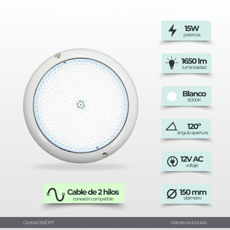 Foco LED Piscina Superfície 12V AC Branco Frio Ø15 cm | Premium